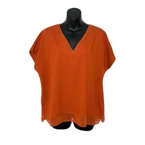 DKNY Women's V-Neck Rust Blouse Chiffon Neckline and Hem
